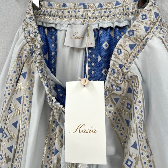 KASIA Ariel Maxi Skirt Womens Medium White Metallic Gold Blue Aztec Print Tiered - Picture 10 of 13